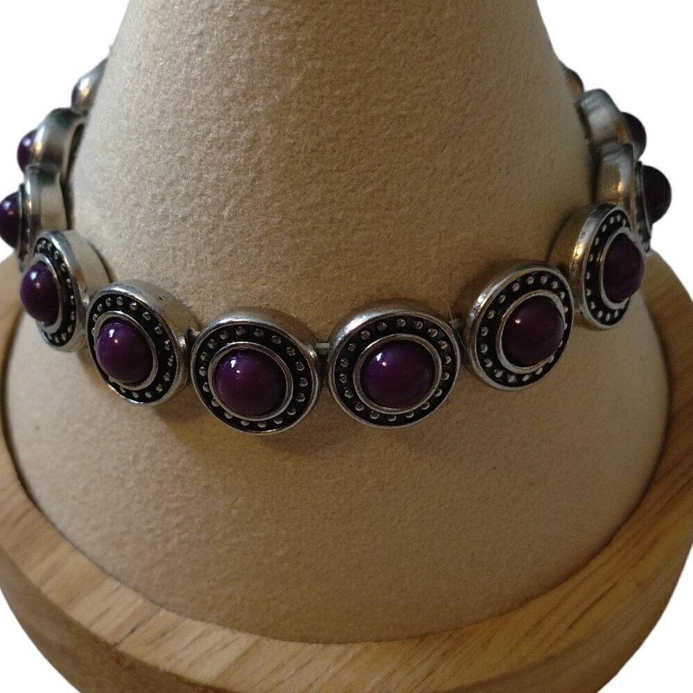 Purple And Silver Tone Beaded Stone Stretch Bracelet J28 - Picture 4 of 5